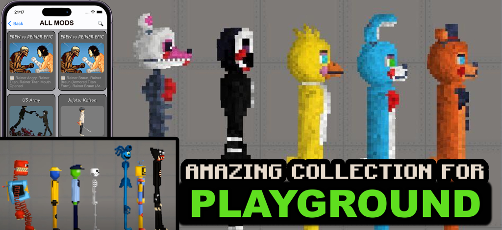 A collection of pixelated character mods and a mobile interface for Melon Playground addons