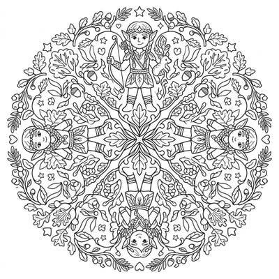 Dive into a magical forest with this captivating Wild Elf Mandala coloring page designed especially for kids. Discover friendly elves, curious forest animals, and symmetrical nature patterns ready for your creative touch.