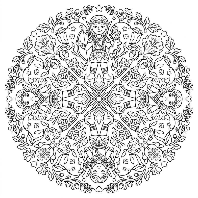 Dive into a magical forest with this captivating Wild Elf Mandala coloring page designed especially for kids. Discover friendly elves, curious forest animals, and symmetrical nature patterns ready for your creative touch.