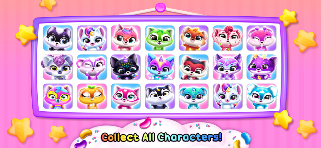 Fluvsies - A Fluff to Luv - Fluvsies 게임의 다양한 다채롭고 귀여운 가상 애완동물 캐릭터 컬렉션 그리드.