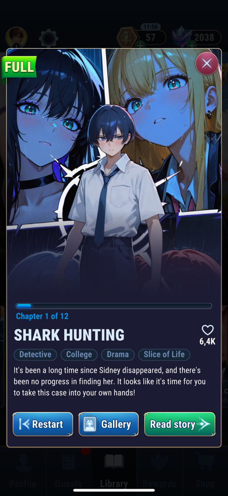Anime visual novel interface for Shark Hunting story featuring characters and genre tags