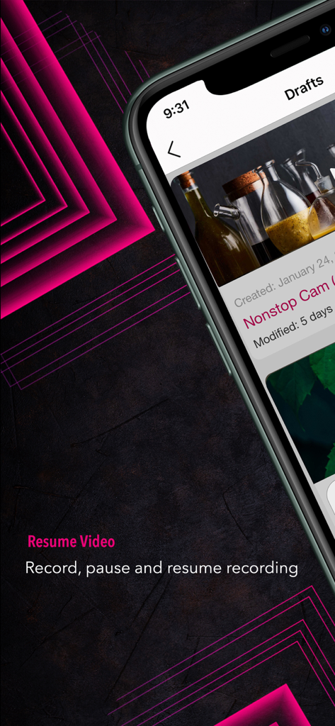 Nonstop Cam : Pause & Switch - Interfaz de la aplicación Nonstop Cam mostrando la sección de borradores y la función de reanudar la grabación de video