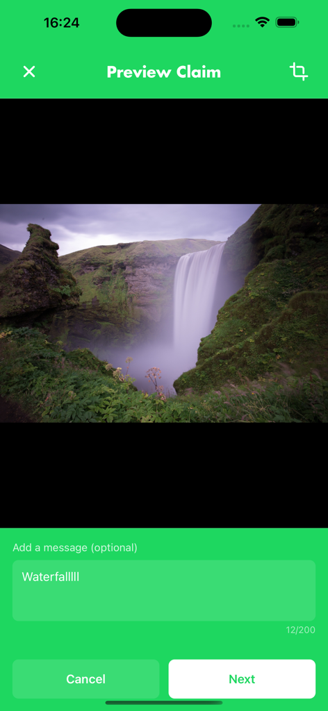 The Preview Claim screen in the WallClaimer app showing a waterfall photo and a custom message field