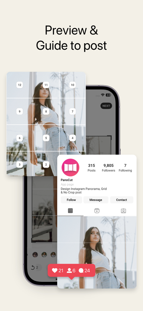 PanoCut: Panorama Scroll Maker - Preview and guide for planning an Instagram grid post using PanoCut