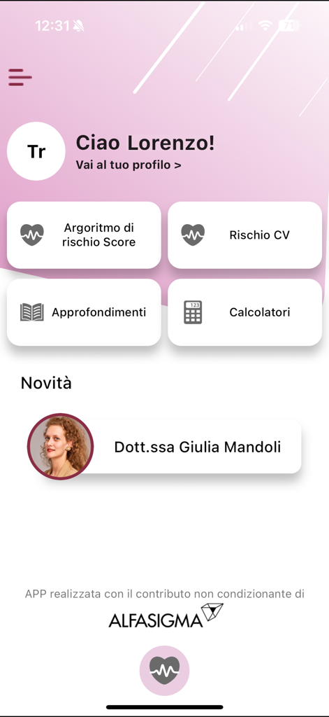 DislipApp - Startbildschirm der medizinischen Anwendung DislipApp mit klinischen Risikorechnern und Schaltflächen für medizinische Einblicke