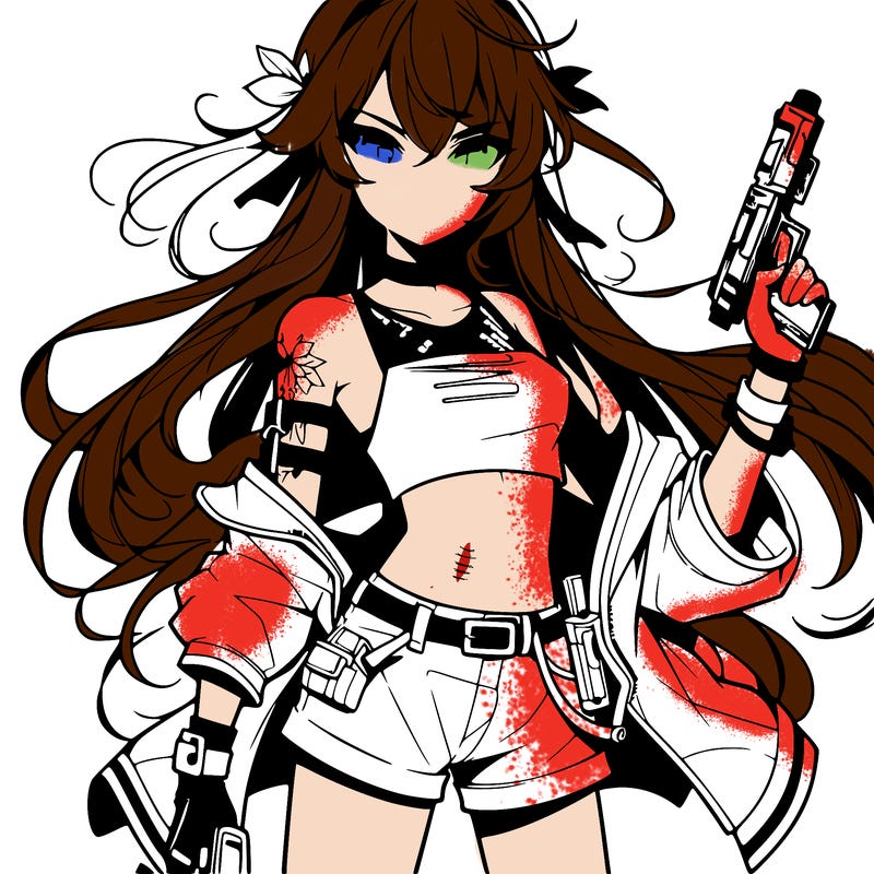 bad girl wearing crop top holding a gun long hair anime