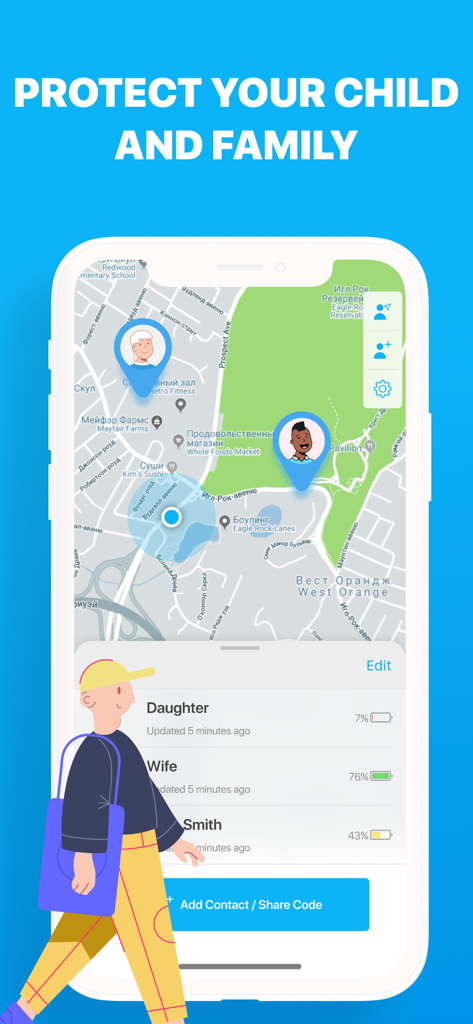 A smartphone screen displaying a map with family member locations and their phone battery status