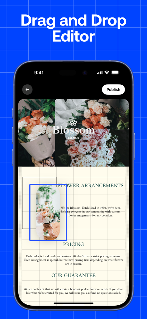 Universe Website Builder - A smartphone screen displaying the Universe Website Builder grid editor with a drag and drop interface for a flower shop website