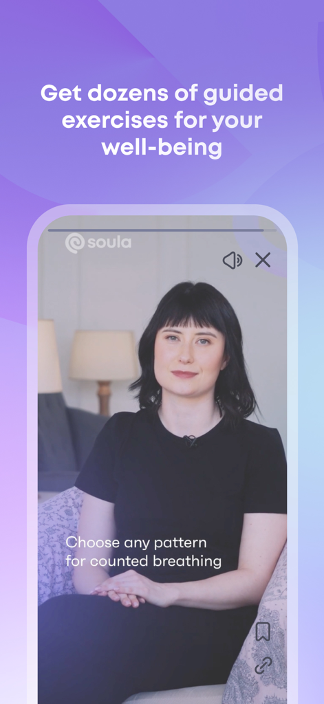 Mujer dirigiendo un ejercicio de respiración guiada en la aplicación Soula