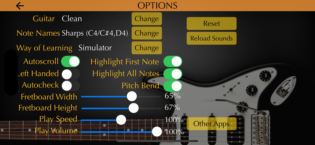 Guitar Riff - Play by Ear - Menú de configuración de la aplicación Guitar Riff que muestra opciones de personalización para el sonido de la guitarra, el tamaño del diapasón y la velocidad de reproducción.