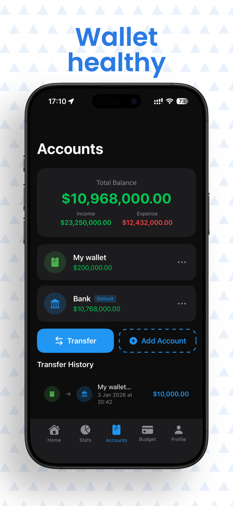 CapMoney app screen showing total balance and account summary with transfer history
