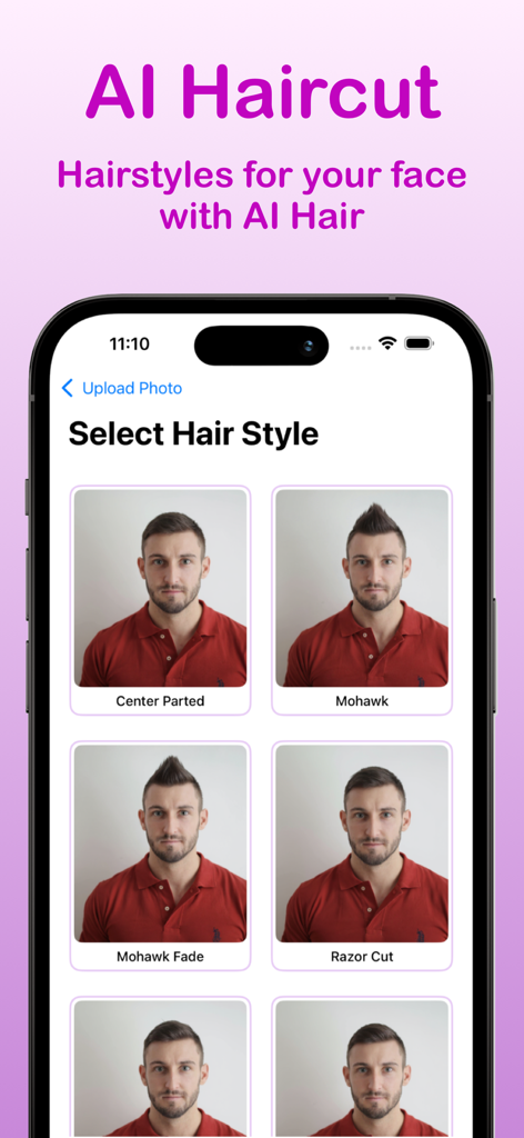 Haircut AI - Change Hair Color - Interface of NextHair app showing various AI haircut options for men like Mohawk and Razor Cut