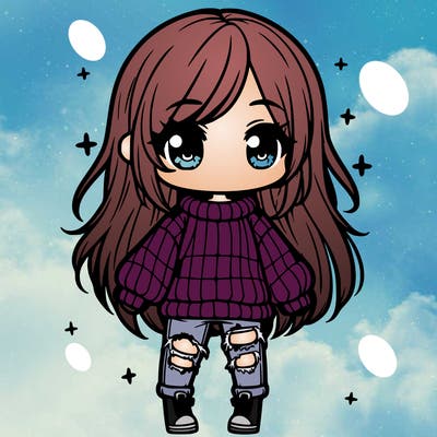 chibi girl with ripped jeans,long hair, and an oversized sweater