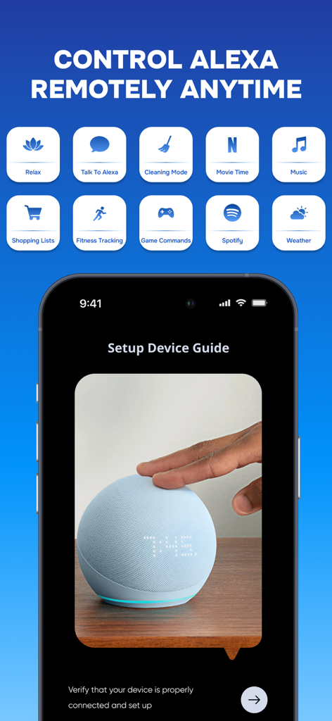 Guia de configuração do aplicativo Smart Alexa Echo Commands e ícones de controle remoto.