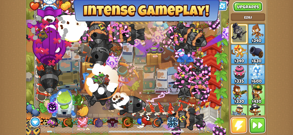 A screenshot of Bloons TD 6 NETFLIX showing intense tower defense gameplay with many blimps and monkey towers.