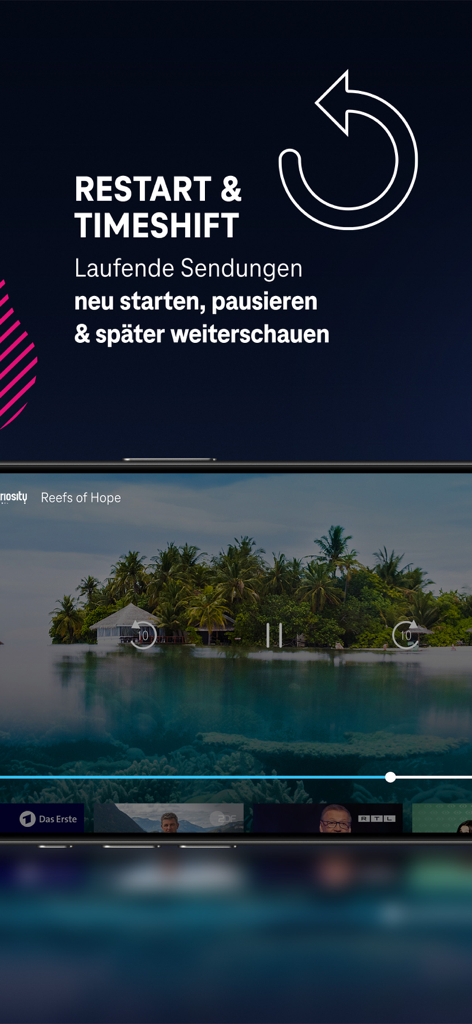 MagentaTV: TV & Streaming - MagentaTV mobile app interface showing the restart and timeshift feature while playing a documentary about reefs.
