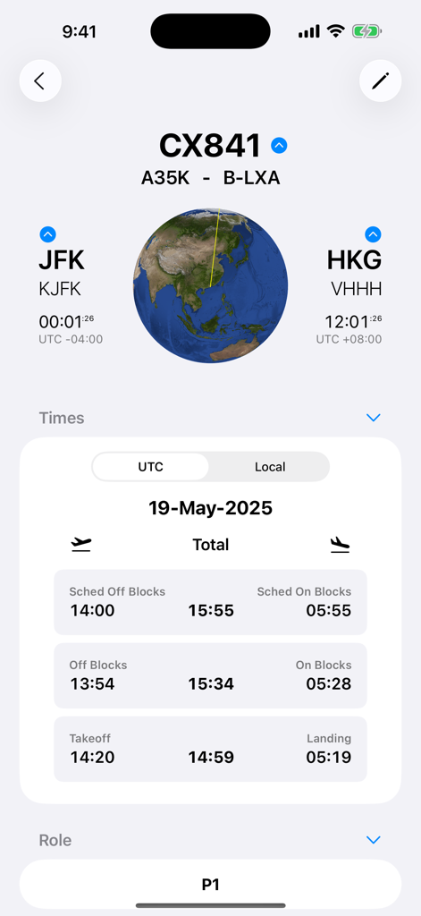 Aircrew Logbook - Una entrada detallada del registro de vuelo en la aplicación Aircrew Logbook que muestra la ruta de vuelo de JFK a HKG con datos de tiempo precisos