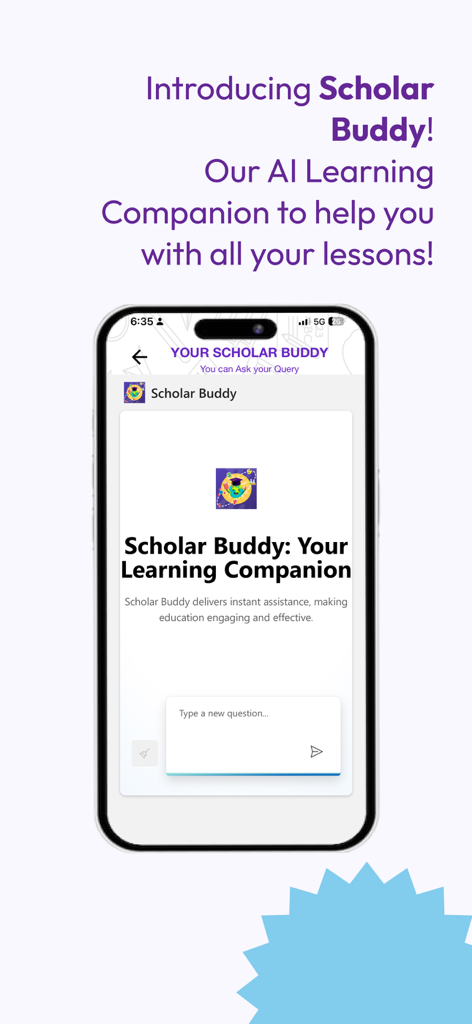 Una pantalla de teléfono inteligente que muestra la interfaz del asistente de IA Buddy del estudiante en la aplicación Scholar Planet