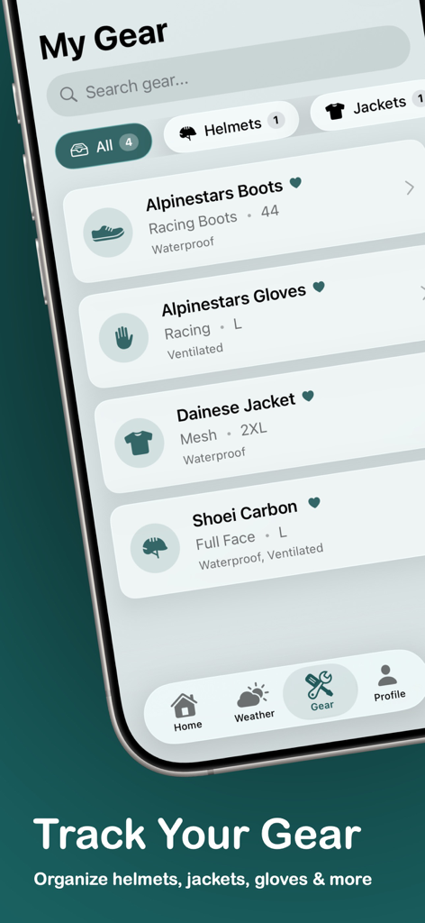 Rider Weather - AI Companion - A screen from the Rider Weather app displaying a list of motorcycle gear like boots gloves and jackets with their technical features