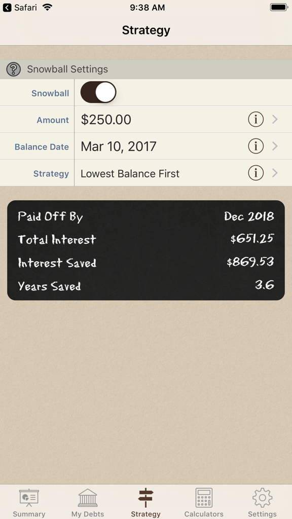 Debt Manager - Debt Manager app strategy screen showing the snowball method and debt payoff savings summary