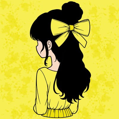 realistic girl  with hip length hair a bun and a big bow on the back of head