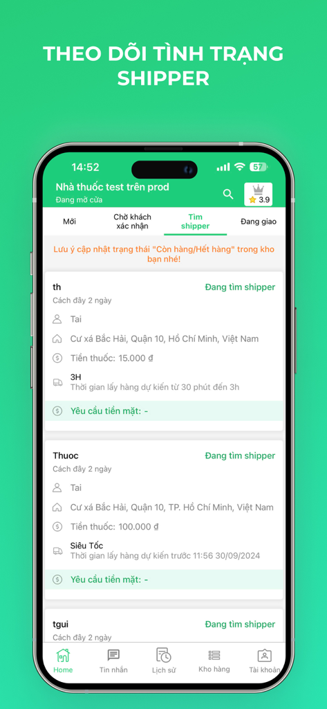 Medigo Đối Tác - Medigo Partner app interface showing order delivery status and shipper tracking for pharmacy owners.