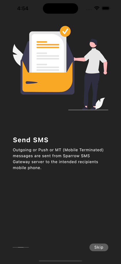 My Sparrow SMS - My Sparrow SMS app onboarding screen explaining the Send SMS feature with a character standing next to a large envelope
