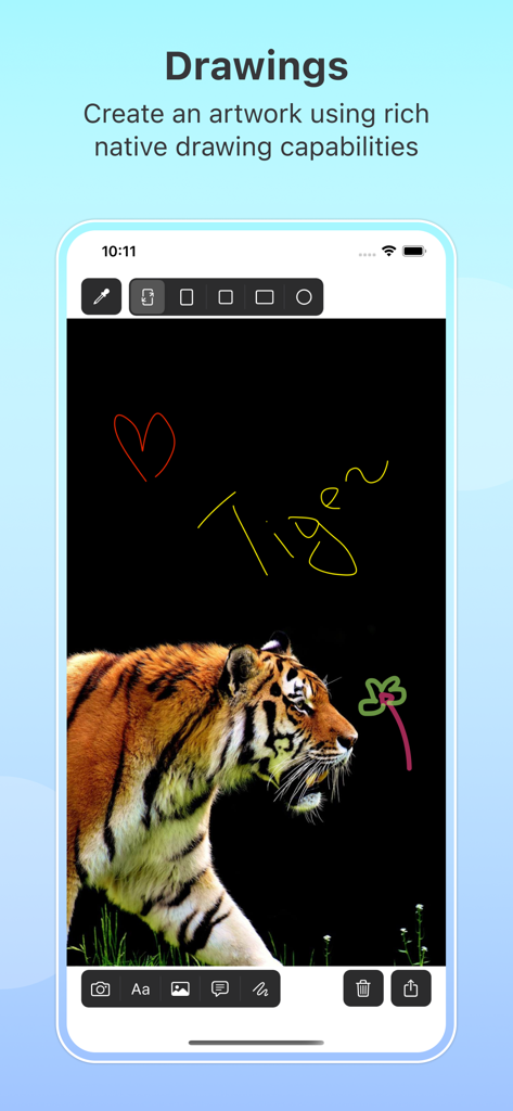 Cre8 - Photo Editor & Drawing - Cre8 app interface showing native drawing tools and a tiger photo with custom sketches.