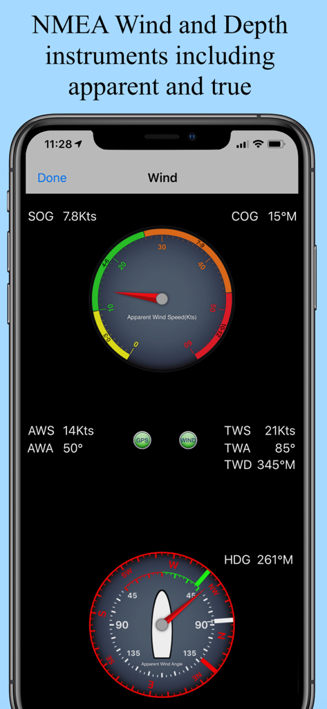SeaNav NP app interface displaying real time NMEA wind speed and depth instruments on an iPhone
