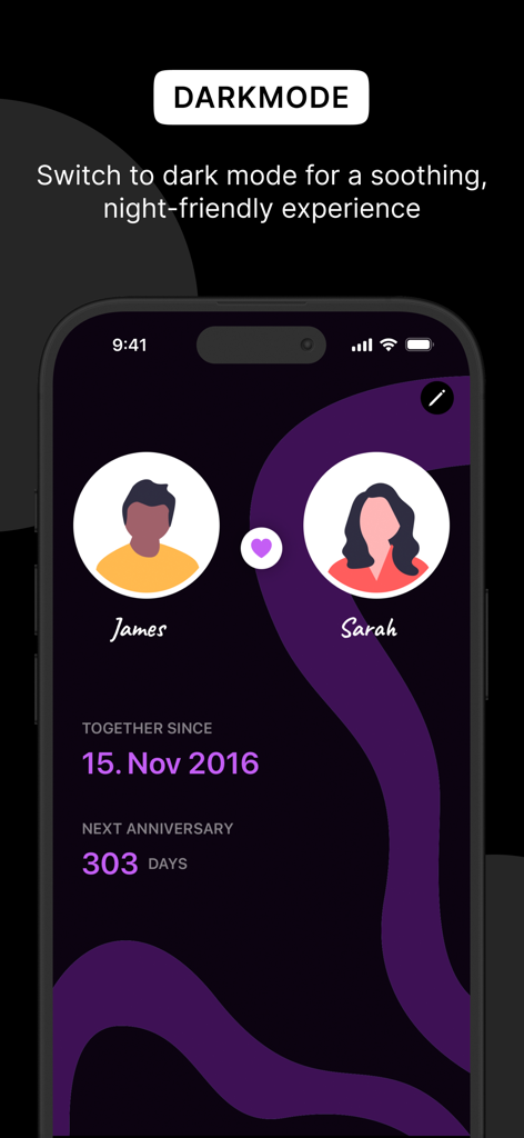 Luvy - Couples & Relationship - Luvy Couples App-Oberfläche mit Dark-Mode-Thema, die einen Countdown für den Beziehungsjahrestag anzeigt