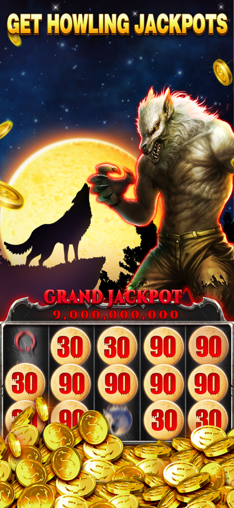 Slots Riches - Casino Slots - Howling Riches wolf themed slot machine featuring a grand jackpot win with gold coins