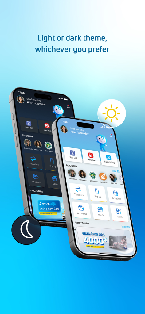 JTR Mobile - JTR Mobile 앱 대시보드가 밝은 모드와 어두운 모드 테마로 표시됨.