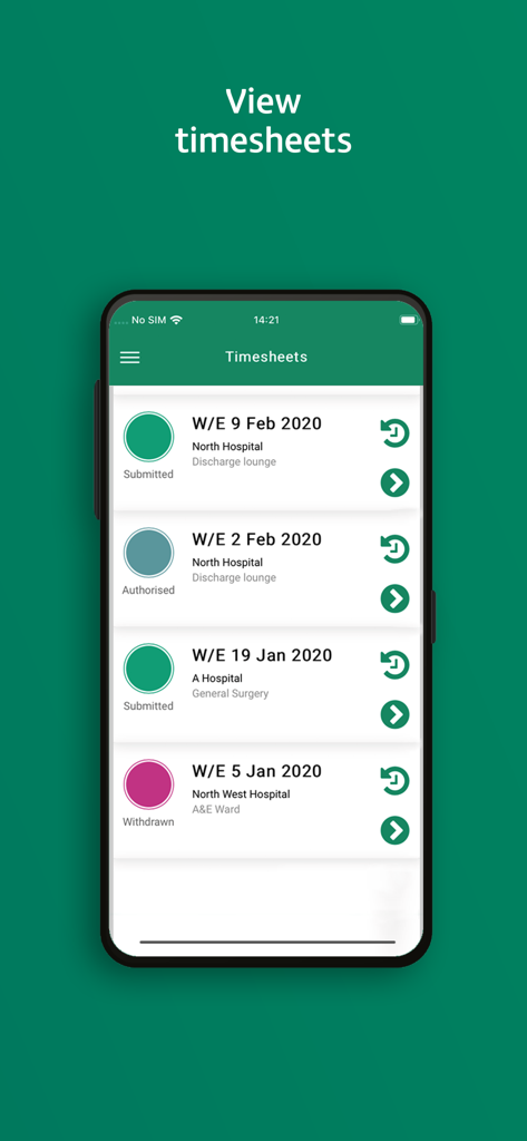 ipoint app - Interfaz de la app ipoint que muestra una lista de hojas de tiempo sanitarias con indicadores de estado como enviado y autorizado.