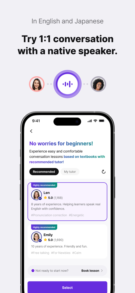 LINGORA | 24/7 Language Lesson - Lingora app interface displaying native speaker tutor recommendations for one on one lessons
