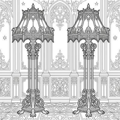 Step into a world of shadowed elegance with this captivating Gothic floor lamp coloring page, showcasing two grand, intricately designed lamps. Discover the beauty of Victorian lace, dramatic patterns, and melancholic charm ready for your artistic touch.