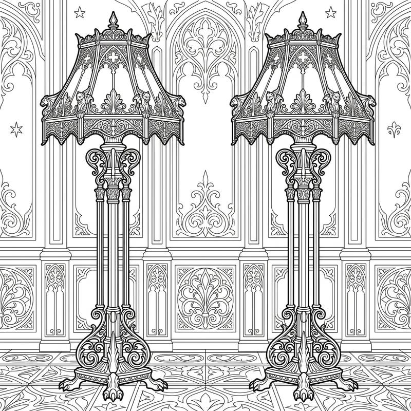 Step into a world of shadowed elegance with this captivating Gothic floor lamp coloring page, showcasing two grand, intricately designed lamps. Discover the beauty of Victorian lace, dramatic patterns, and melancholic charm ready for your artistic touch.