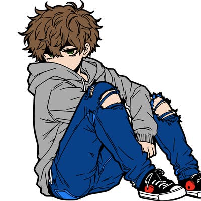 a male hoddie ripped jeans messy hair anime