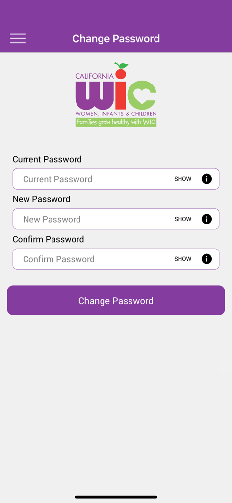 California WIC App - カリフォルニアWICモバイルアプリのパスワード変更画面。現在のパスワードと新しいパスワードの入力フィールド、および紫色の送信ボタンが表示されています。