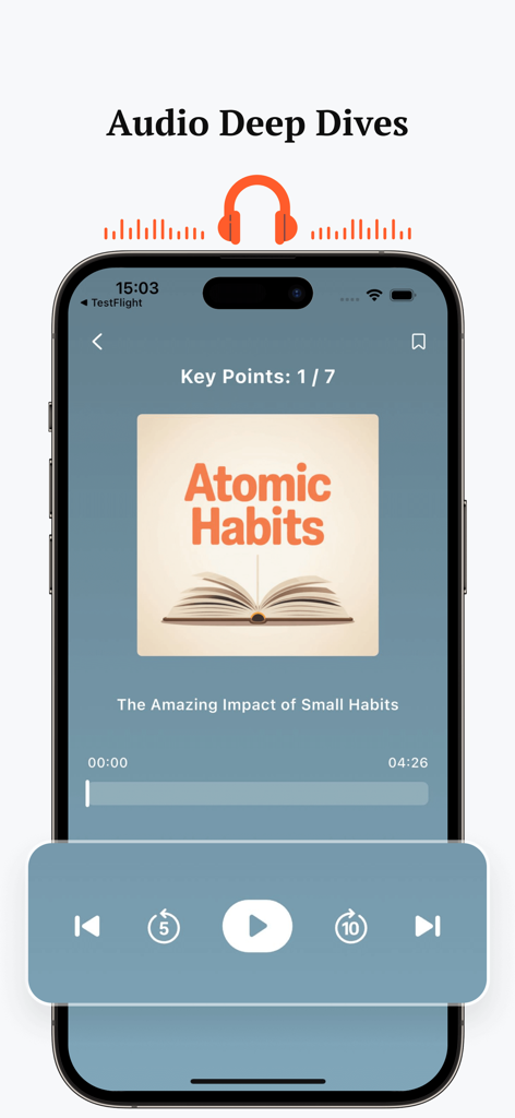 Interfaccia del lettore audio dell'app BookCast che mostra un riassunto del libro Atomic Habits