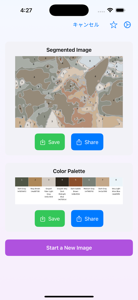 ColorCrafter: Paint by Numbers - Interfaz de ColorCrafter que muestra una imagen segmentada de pintura por números y su paleta de colores numerada.