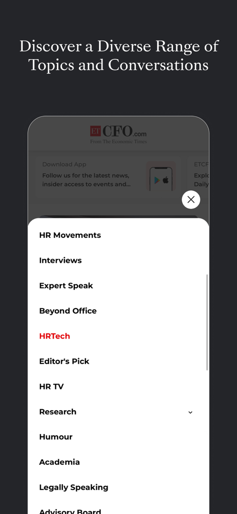 HRTech, 인터뷰, 전문가 발언과 같은 다양한 HR 카테고리를 나열하는 ETHRWorld 앱의 메뉴.