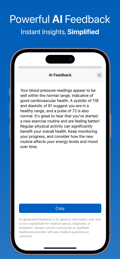 iPhone screen showing AI-generated feedback and insights on blood pressure readings in the Feeltracker app.