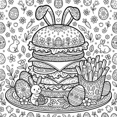 Get ready for a deliciously unique Easter coloring experience with this festive design! Featuring a towering burger adorned with bunny ears and a side of crispy fries, this page combines your favorite treats with springtime cheer.