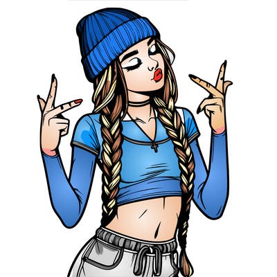 realistic teenage girl with braids and a beanie and crop top doing 🫶🏼