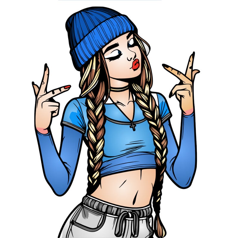 realistic teenage girl with braids and a beanie and crop top doing 🫶🏼