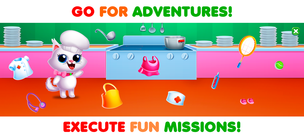 RMB Games - Toddler Learning - Cartoon cat chef in a kitchen sorting items for different professions in a toddler educational game