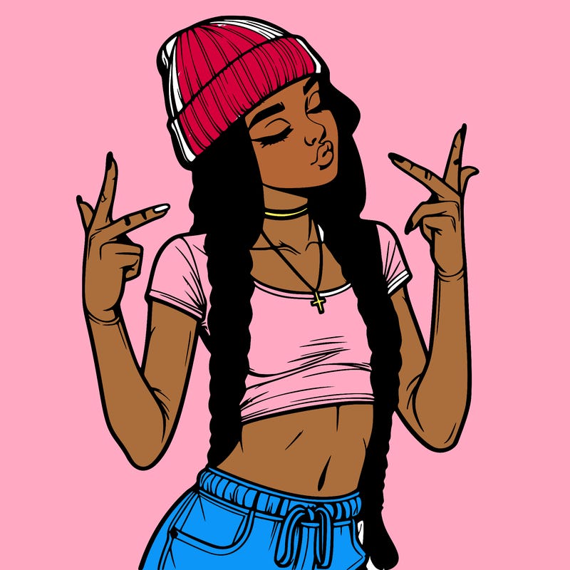 realistic teenage girl with braids and a beanie and crop top doing 🫶🏼