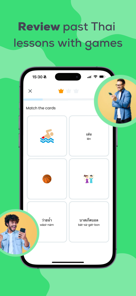 Ling - Learn Thai Language - Screenshot of the Ling app interface showing a Thai word and picture matching game used for lesson reviews.