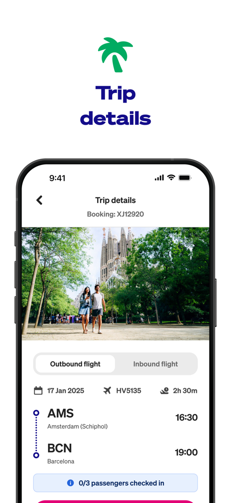 Transavia - Transavia mobile app interface showing trip details for a flight from Amsterdam to Barcelona.
