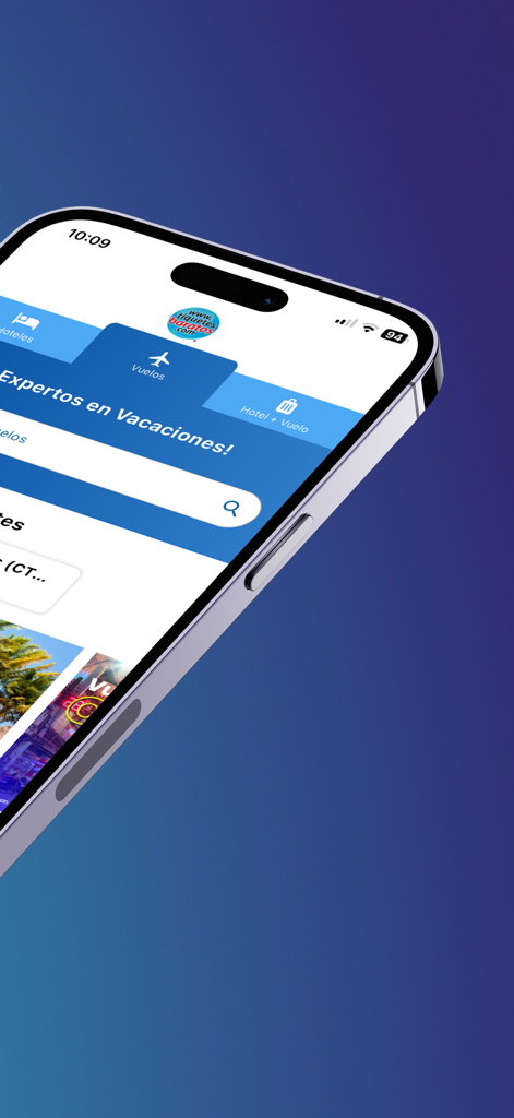 Tela inicial do aplicativo móvel TiquetesBaratos em um iPhone mostrando opções de reserva de voos e hotéis em espanhol